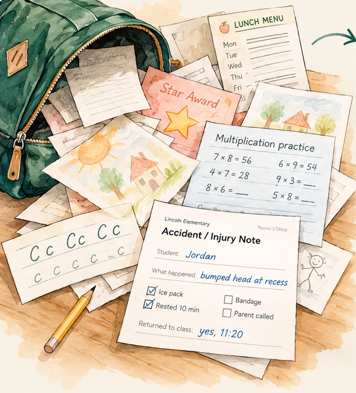 Watercolor of an open backpack spilling school papers: an accident note, multiplication, cursive practice and drawings