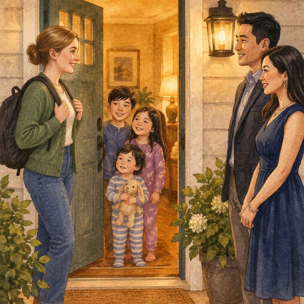 Watercolor of parents heading out for the evening while the babysitter greets the kids at the front door