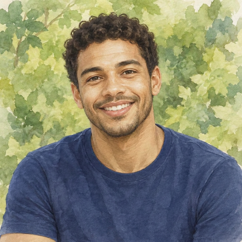 Illustrated watercolor portrait of Alex, the partner