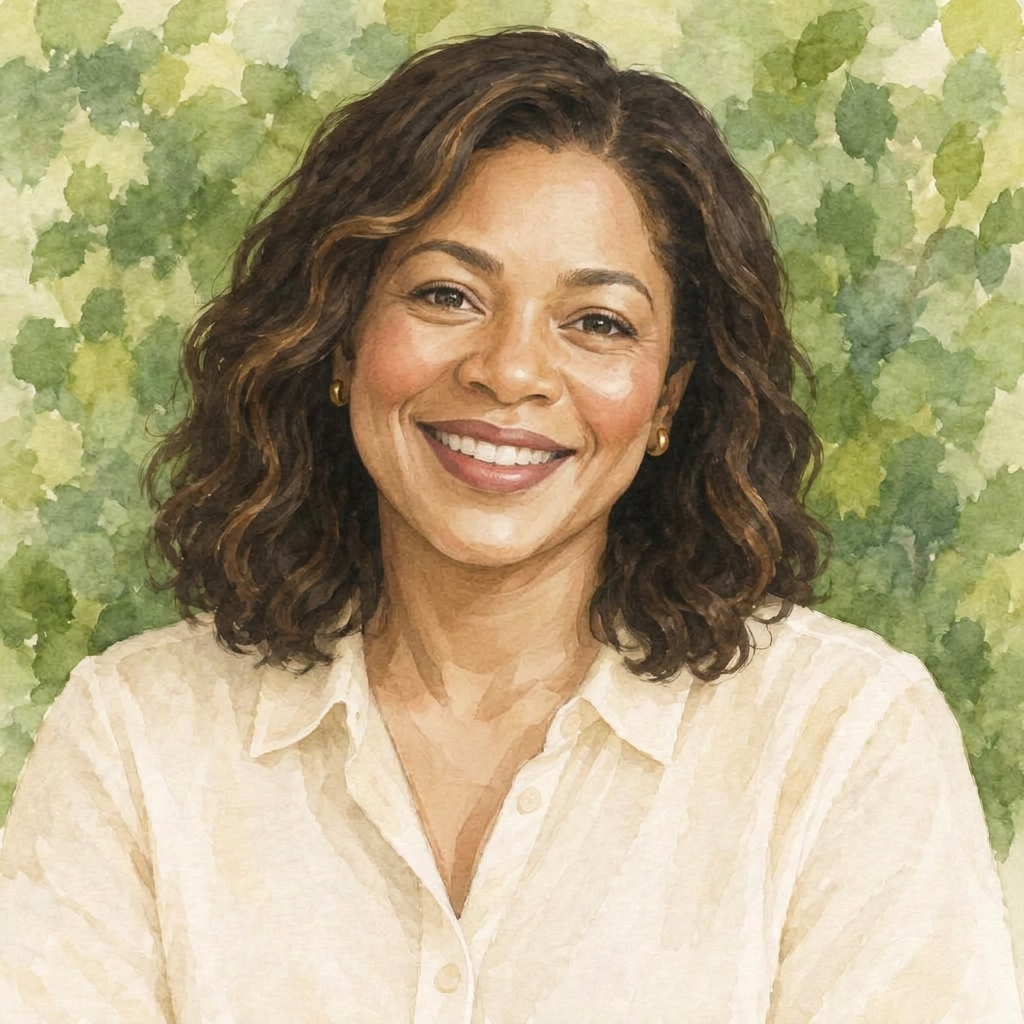 Illustrated watercolor portrait of Sarah, the mom
